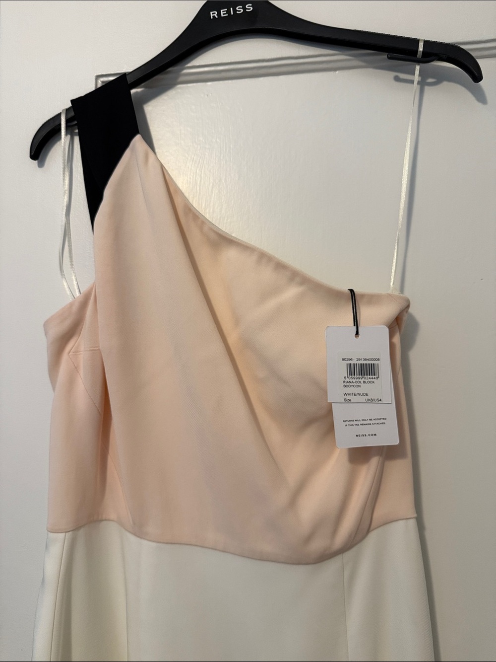 NWT Reiss “Riana” One-Shoulder Colorblock Dress in Blush and Ivory